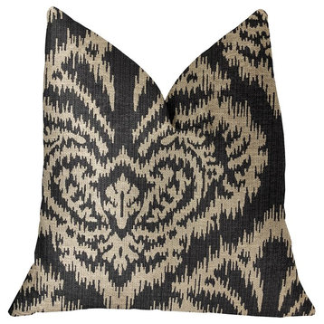 Floral Fantasy Black and Beige Luxury Throw Pillow, 20"x20"
