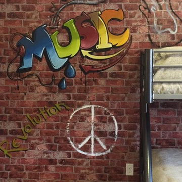 Teenage boys room with graffiti music mural