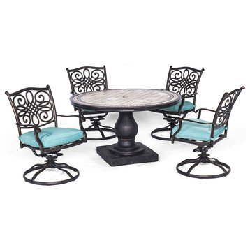 Monaco 5-Piece Dining Set, Blue With Four Swivel Rockers and 51" Tile-Top Table