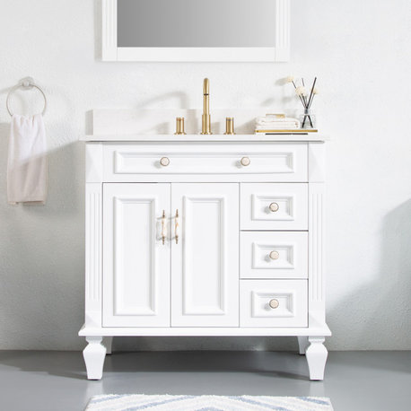 Solid Wood Bathroom Vanity with Quartz Top and cUPC Certified Sink, White, 36 Inch