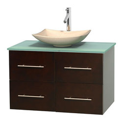 Wyndham - Centra 36" Espresso Vanity, Green Glass Top, Arista Ivory Marble - Bathroom Vanities And Sink Consoles