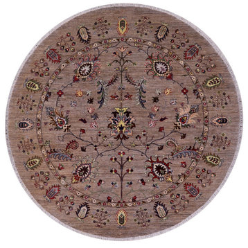 7' Round Hand Knotted Persian Tabriz Wool Rug - Q18446