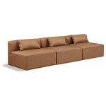 Meridian Furniture - Cube Upholstered Modular Sofa, Brown, 3-Piece: 3 Armless Chair, Vegan Leather - Elevate your space with the luxurious Cube Vegan Leather Modular Sofa. This modular sofa exudes modern elegance, charm, and comfort making it a perfect addition to any contemporary living space. Its clean lines and cube shape are reminiscent of minimalist design, while the plush brown vegan leather upholstery adds a touch of luxury and sophistication. The chair's versatile construction and geometric aesthetic seamlessly integrate into various design styles, from sleek living rooms to chic home offices, embodying the essence of modern design and creating a sense of order and tranquility in your space.