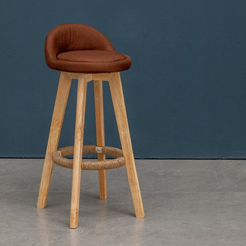 Retro-Styled Rotating High Bar Stool Made of Solid Wood, Coffee, Linen
