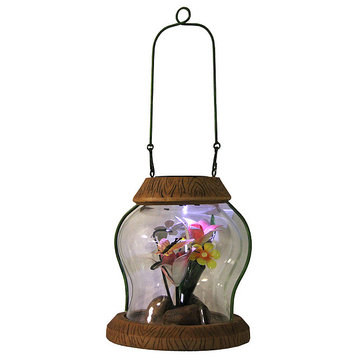 LED Lighted Solar Powered Outdoor Garden Lantern With Flowers, 7"