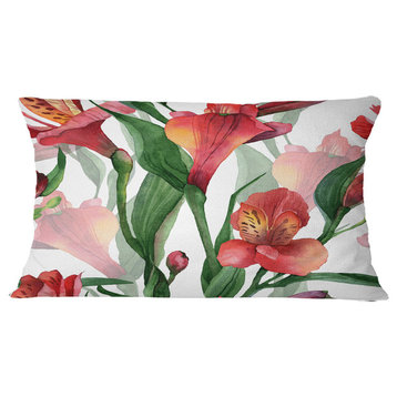 Red Floral Pattern Art Floral Throw Pillow, 12"x20"
