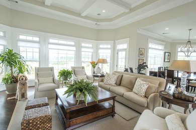 Example of a large classic open concept dark wood floor living room design in Atlanta with white walls, a standard fireplace and a stone fireplace