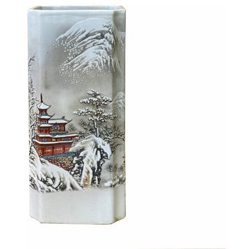 Chinese Off White Porcelain Snow Scenery Square Shape Vase Hws2353