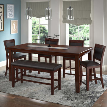 CorLiving 6-Piece Extendable Dining Set Warm Brown Wood/Chocolate Bonded Leather
