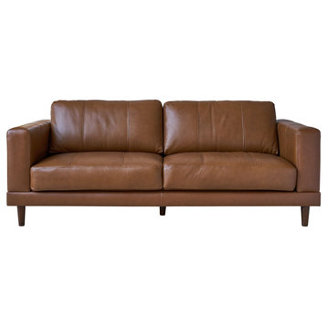 Modern Sofa, Tapered Legs & Cushioned Genuine Leather Seat With Track Arms, Tan