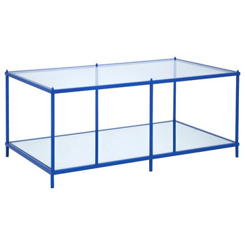 Contemporary Coffee Table, Iron Frame With Glass Top and Mirrored Shelf, Blue