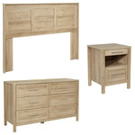 OSP Home Furnishings - Stonebrook 3 Piece Bedroom Set, Classic Walnut Finish, Canyon Oak - Create the perfect bedroom or guest room with our Stonebrook bedroom set. Suite includes: One Queen/full headboard, one USB powered nightstand, one 6-drawer dresser. Deep drawers make putting even bulky folded items away easy. Dresser drawers have sturdy metal drawer glides with safety stops, elevating these dressers to a bedroom favorite for years to come. Achieve a chic, modern, aesthetic with either a blonde or deep walnut woodgrain finish that will fit in effortlessly with popular styles like Rustic Coastal, Modern Farmhouse or an eclectic Boho vibe. Assembly required. 6-Drawer Dresser Dim-56.25" W x 17.5" D x 32.75" H, Night Stand Dim- 18.5" W x 18" D x 24.75" H, Queen/Full Headboard Dim- 67" W x 3" D x 48.25" H