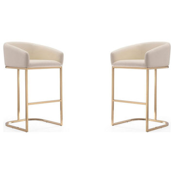 Manhattan Comfort Louvre 30" Faux Leather Barstool in Cream/Gold (Set of 2)
