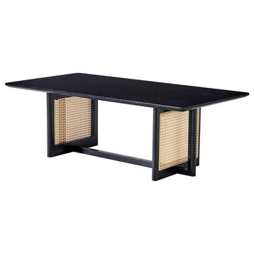 Unique Coffee Table, Trestle Base With Rattan Accents & Rectangular Top, Black