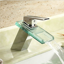 Waterfall Chrome Finish Bathroom Sink Faucet Mixer with Glass Spout T0818 - Bathroom Sink Faucets