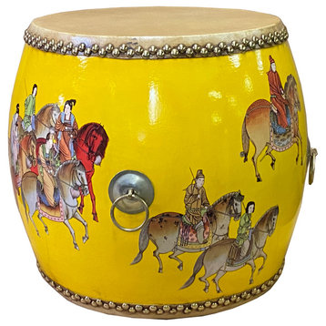 Handmade Small Round Low People Horses Graphic Drum Shape Table Hcs7415