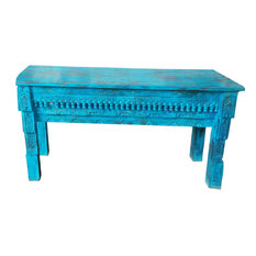 Mogulinterior - Consigned Teal Blue Antique Console Table Beautiful Hand Carved Sofa Solid Table - Console Tables