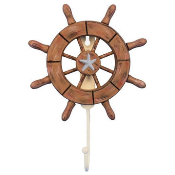 Rustic Wood Finish Decorative Ship Wheel With Starfish With Hook 6'', Wooden