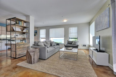 Inspiration for a small contemporary open concept medium tone wood floor living room remodel in San Francisco with a tv stand, white walls and no fireplace