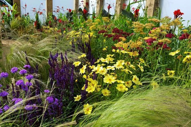 Design ideas for a large contemporary back formal full sun garden for summer in Cheshire with a water feature and decking.