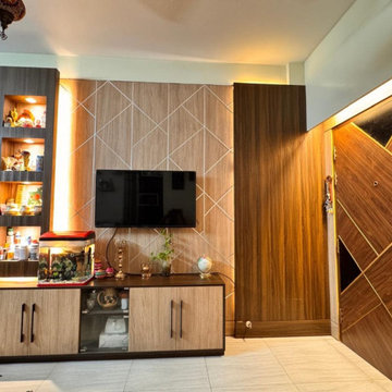 Angled Wood TV Wall, Flat Interior Design Mirpur Dhaka