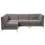 Meridian Furniture - Alina Velvet Modular L-Shaped Modular Sectional, Grey, 4-Piece: 2 Armless Chair, 2 Corner Chair - Bring modern beauty to your space with the addition of this Alina Velvet Modular sectional. This beautiful sectional features deep channel tufting to ramp up its visual interest and add to its resilient demeanor. Its soft grey velvet upholstery blends nicely with existing elements in your room and is sleek to the touch, making this seat a super comfortable one. Part of the modular Alina collection, this sectional has a latch that attaches it to other pieces to create your custom seating arrangement.