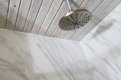 Inspiration for a mid-sized modern master white tile and porcelain tile porcelain tile and white floor corner shower remodel in Austin with open cabinets, dark wood cabinets, a one-piece toilet, blue walls, a vessel sink, wood countertops and a hinged shower door