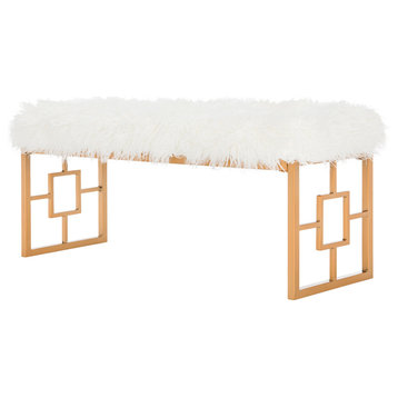 Contemporary Upholstered Bench, Geometric Golden Base With White Faux Fur Seat