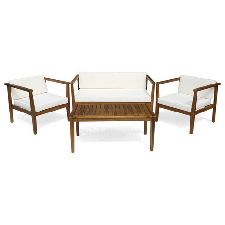 GDF Studio Maddox Outdoor 4-Seater Acacia Wood Chat Set With Coffee Table, Teak Finish/Beige