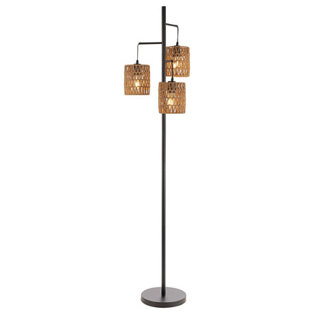 70.75" 3-Light Mid-Century Bohemian Metal/Rope LED Floor Lamp, Black/Natural