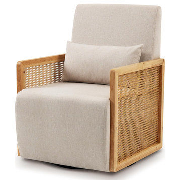 Modern Accent Chair, Swiveling Linen Upholstered Seat & Rattan Sides, Beige
