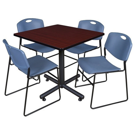 Kobe 42" Square Breakroom Table, Mahogany and 4 Zeng Stack Chairs, Blue