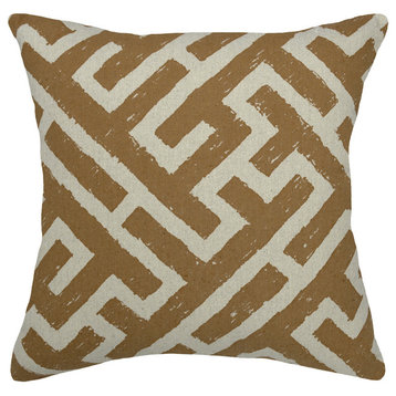 Lattice Printed Linen Pillow With Feather-Down Insert, Caramel