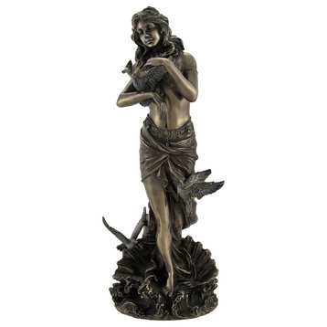 Bronzed Aphrodite with Doves on Scallop Shell Statue