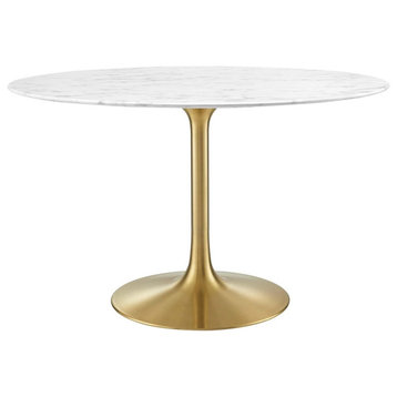 Contemporary Dining Table, Metal Base With Round Faux Marble Top, Gold/White