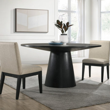 Jasper Ebony Black 3Pc 59" Contemporary Round Dining Table Set with Beige Fabric