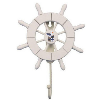 White Decorative Ship Wheel with Seagull and Hook 8' - Nautical Item - Nautic
