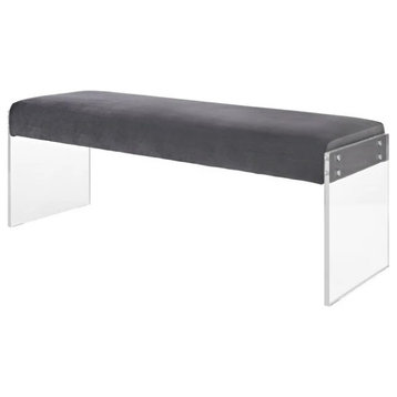 Modern Upholstered Bench, Acrylic Legs With Comfortable Velvet Seat, Gray