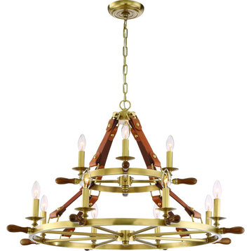 Carlisle Chandelier, Aged Brass With Leather, Stained Wood, Medium