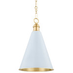 Mitzi - Fenimore 1 Light Pendant, Aged Brass - Fenimore's timeless conical silhouette is elevated through details like the elegant shade topper and intricate chainwork. The metal shade is Aged Brass on the inside and painted on the outside in Soft White or a signature Soft Blue hue created specifically for this designer collaboration. Part of our Ariel Okin x Mitzi Tastemakers collection.