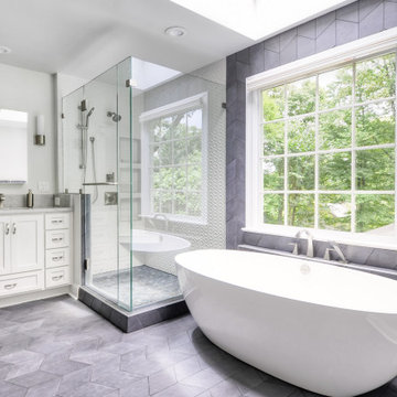 Luxery Black, White and Blue-Gray Massachusetts Master Bath.
