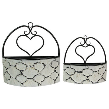 Large & Small Galvanized Metal Rustic White Wall Pocket Planters Heart Hanging