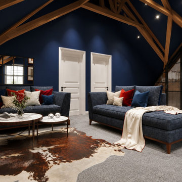Navy Blue Attic Family Room with Exposed Wood Beams