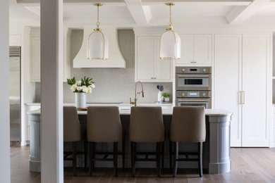 Large transitional galley medium tone wood floor, brown floor and coffered ceiling open concept kitchen photo in Toronto with a farmhouse sink, recessed-panel cabinets, blue cabinets, quartz countertops, quartz backsplash, stainless steel appliances and an island