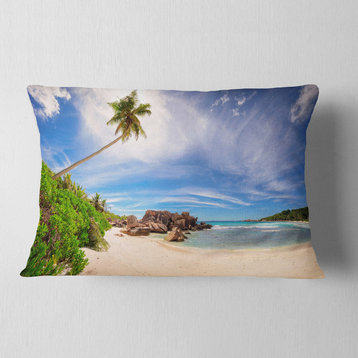 Beautiful Beach at La Digue Seychelles Seashore Throw Pillow, 12"x20"