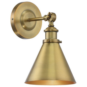 1-Light Vintage Metal Wall Sconce in Warm Brass Finish Matching Metal Cone