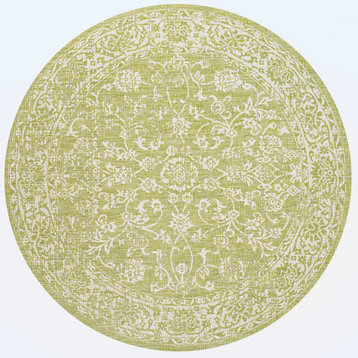 Tela Boho Textured Weave Floral Indoor/Outdoor Rug, Green/Cream, 5' Round