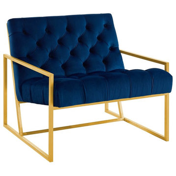 Modern Stainless Accent Chair, Velvet Navy Blue