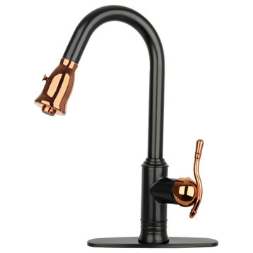 Pull Down Kitchen Faucet and Deck Plate, Two-Tone Matte Black and Rose Gold