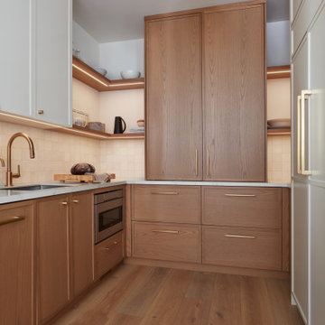 Pantry with Open Shelving & Panelled Refrigerator